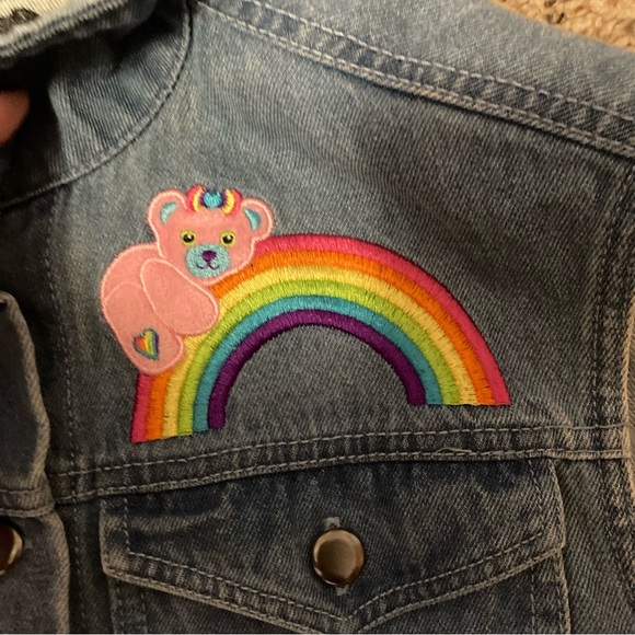 Lisa Frank Doe XOXO denim embellished vest neon unicorn teddy bear rainbow heart - Picture 3 of 6